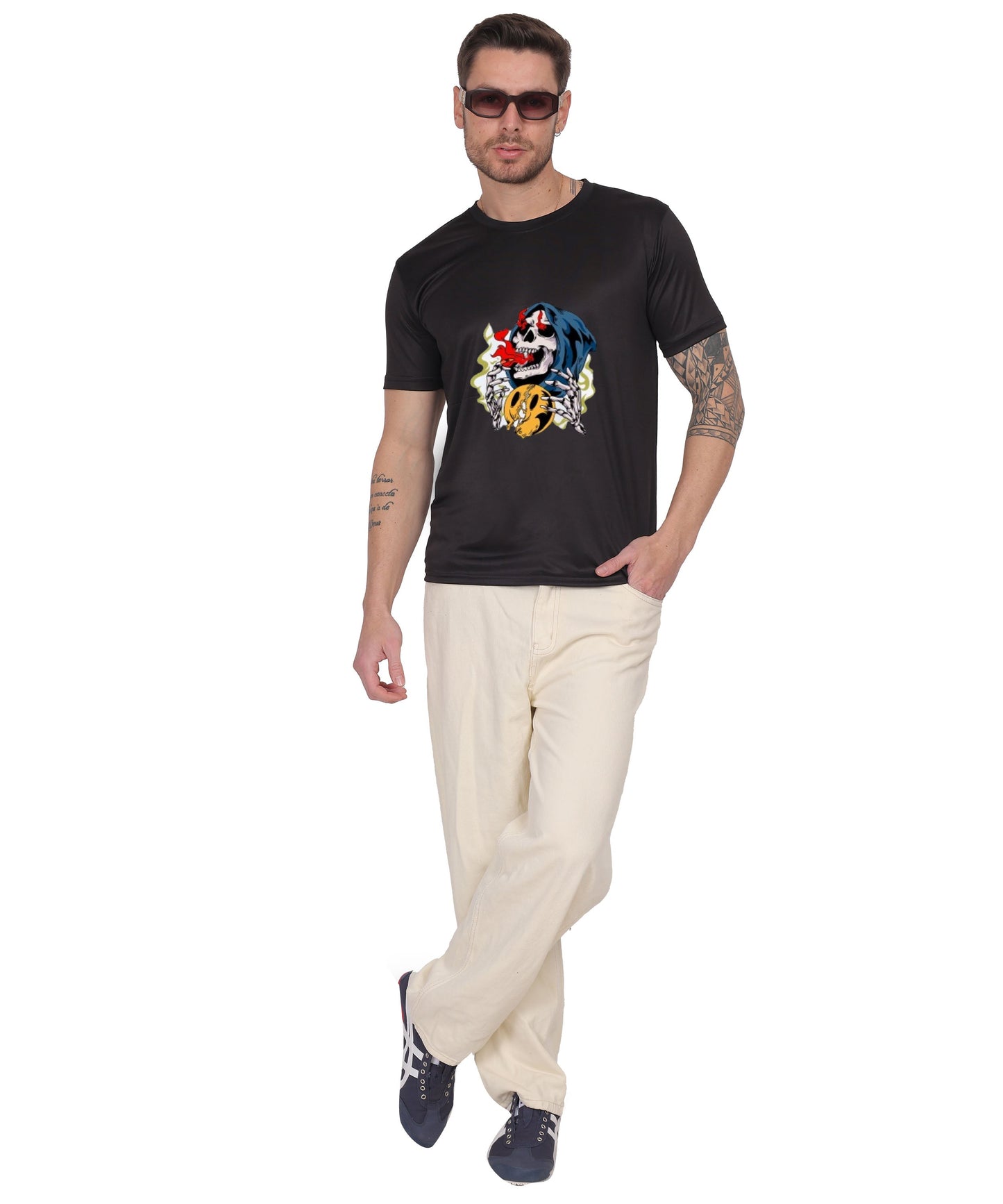 Skull Design Graphic T-Shirt, Black Cotton, Round Neck, Short Sleeve, Casual Wear