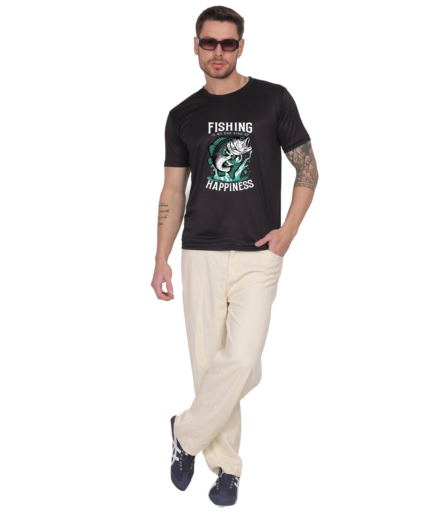 Generic Fishing Happiness Graphic T-Shirt, Black Cotton, Short Sleeve, Regular Fit, Crew Neck