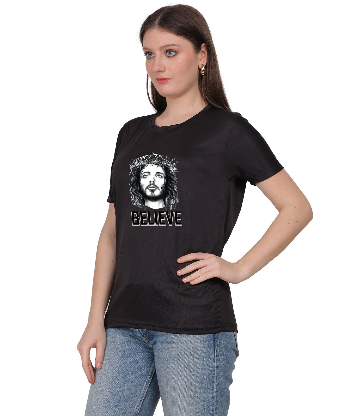 Religious Graphic T-Shirt, Red Cotton Blend, Short Sleeve, Believe Design