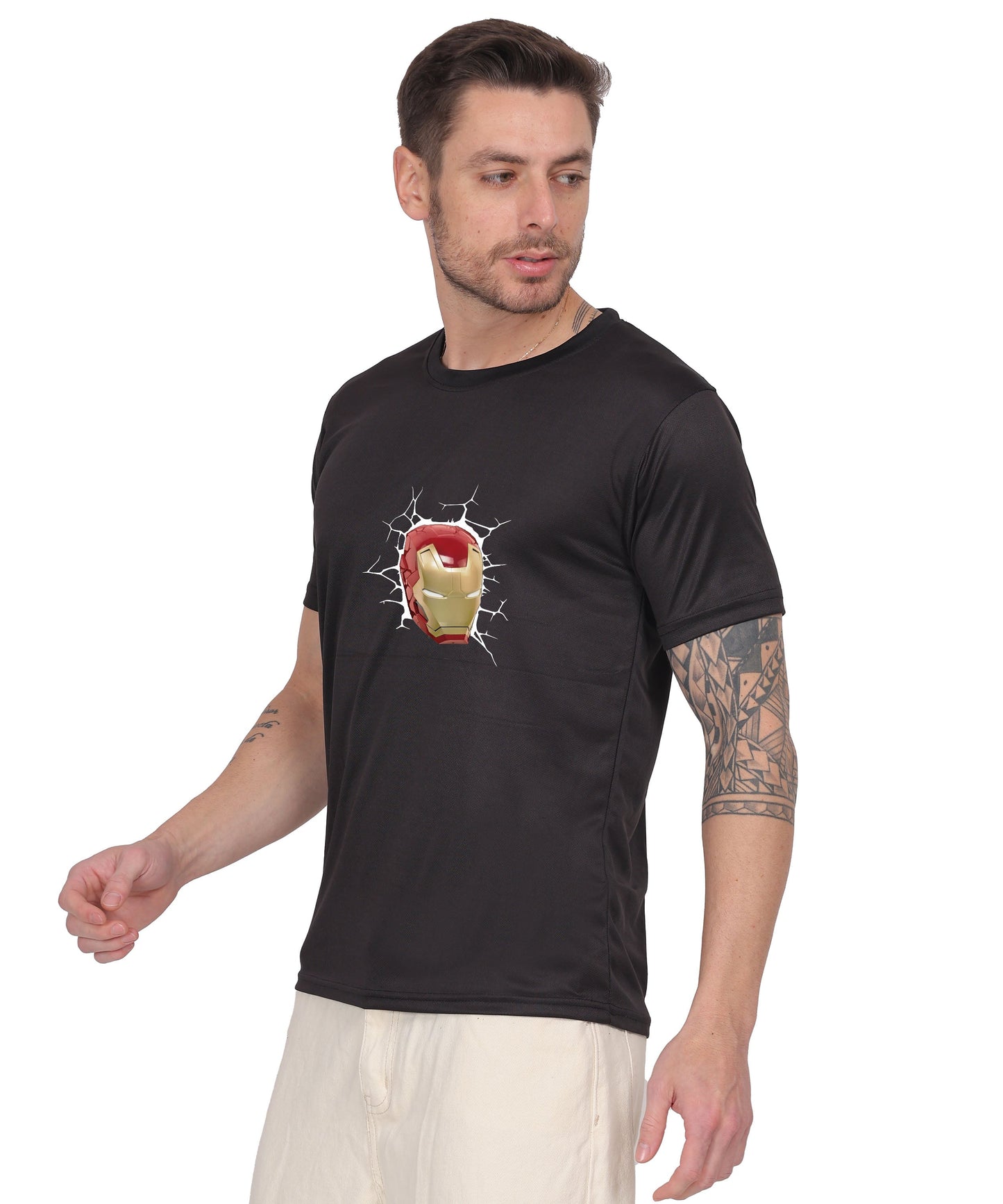 Iron Man Graphic Print Cotton T-Shirt, Black, Round Neck, Short Sleeve, Casual Wear