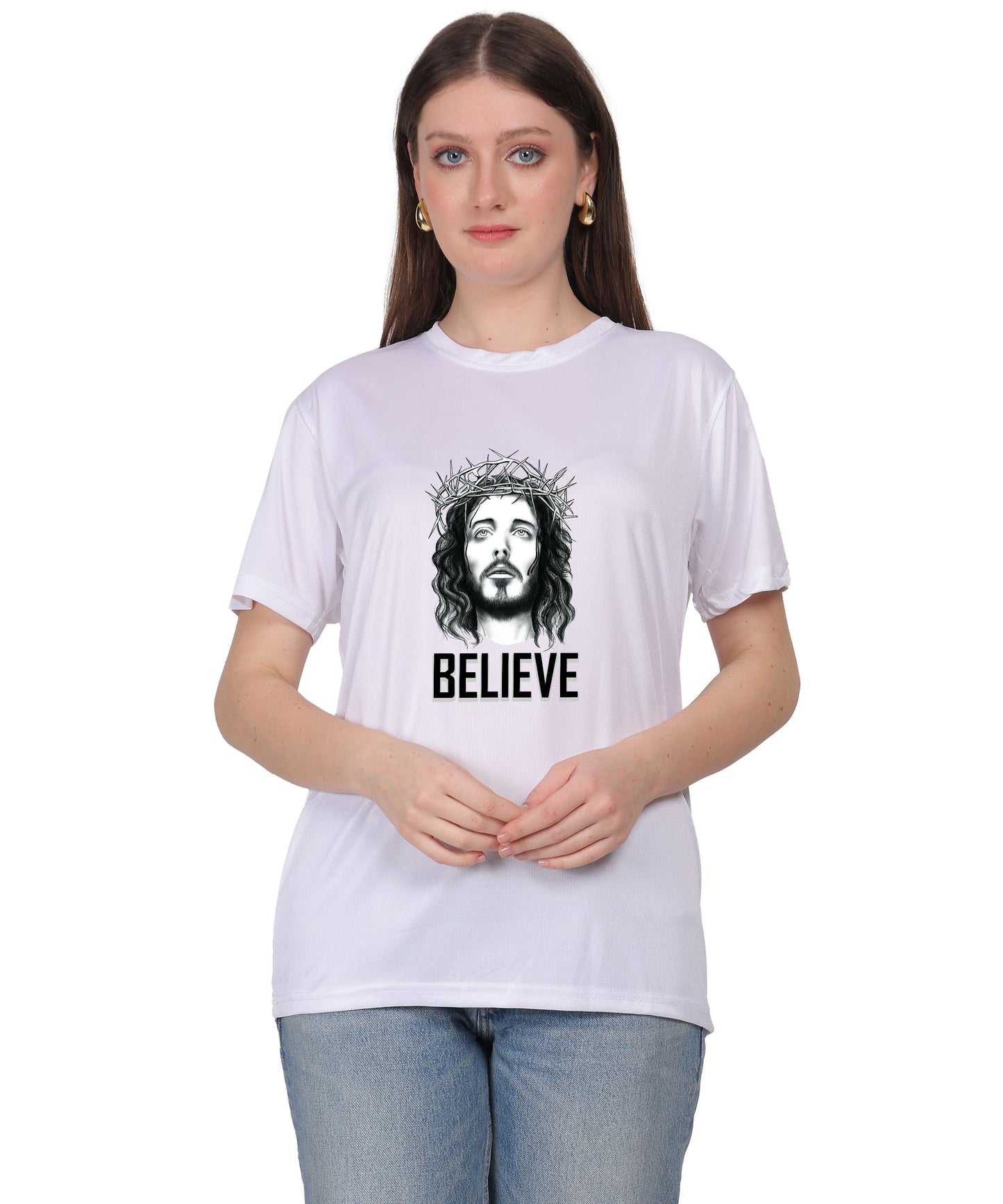 Religious Graphic T-Shirt, Red Cotton Blend, Short Sleeve, Believe Design