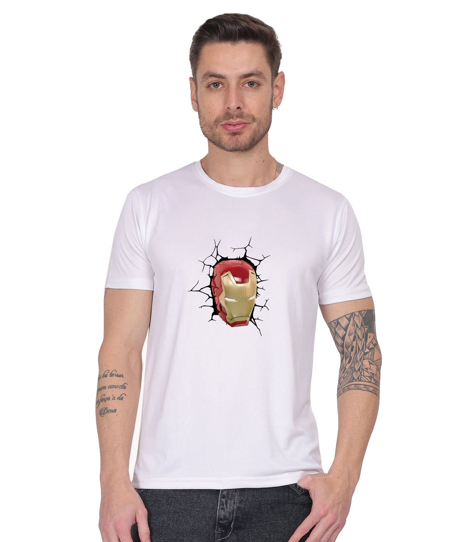Iron Man Graphic Print Cotton T-Shirt, Black, Round Neck, Short Sleeve, Casual Wear
