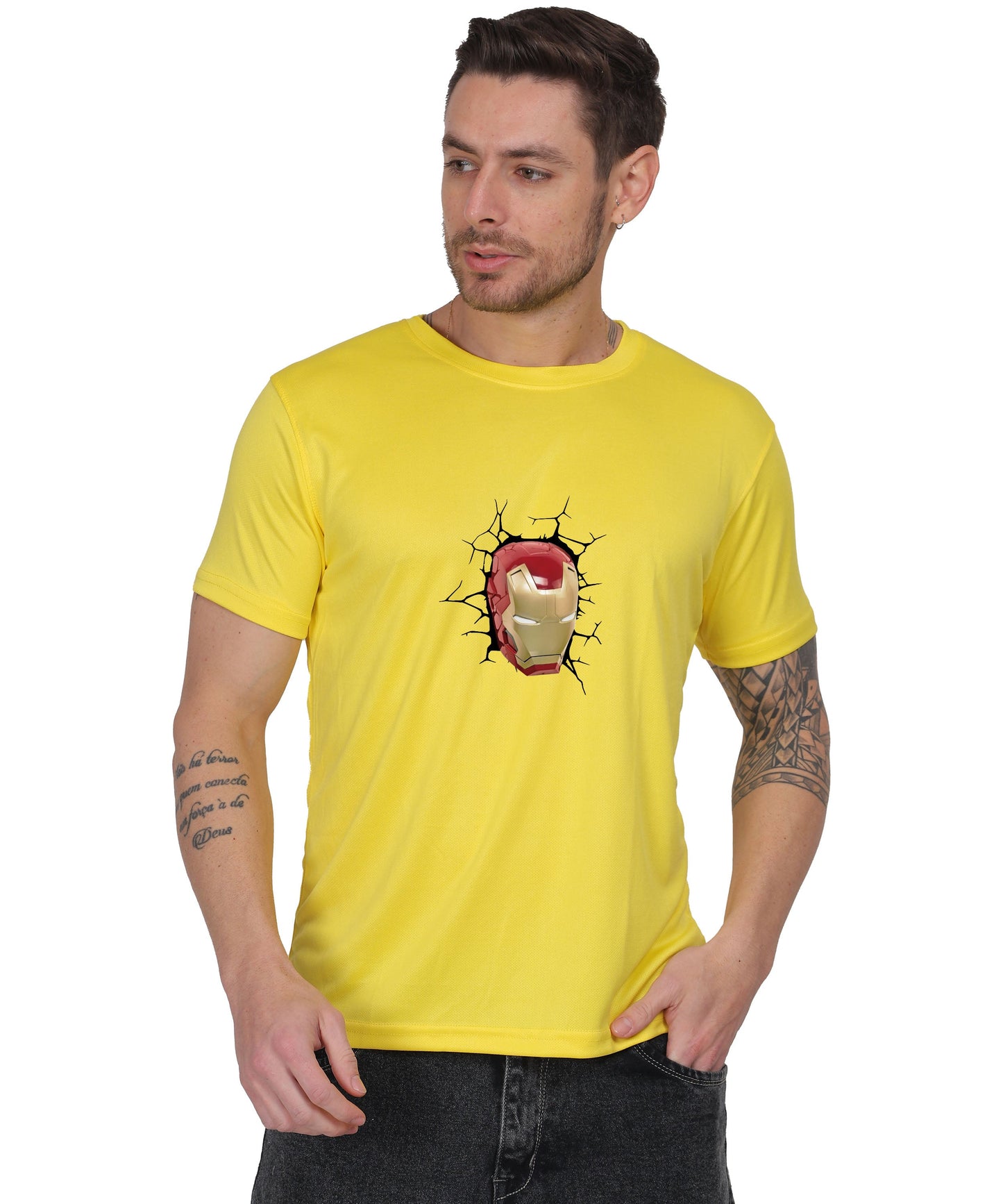 Iron Man Graphic Print Cotton T-Shirt, Black, Round Neck, Short Sleeve, Casual Wear